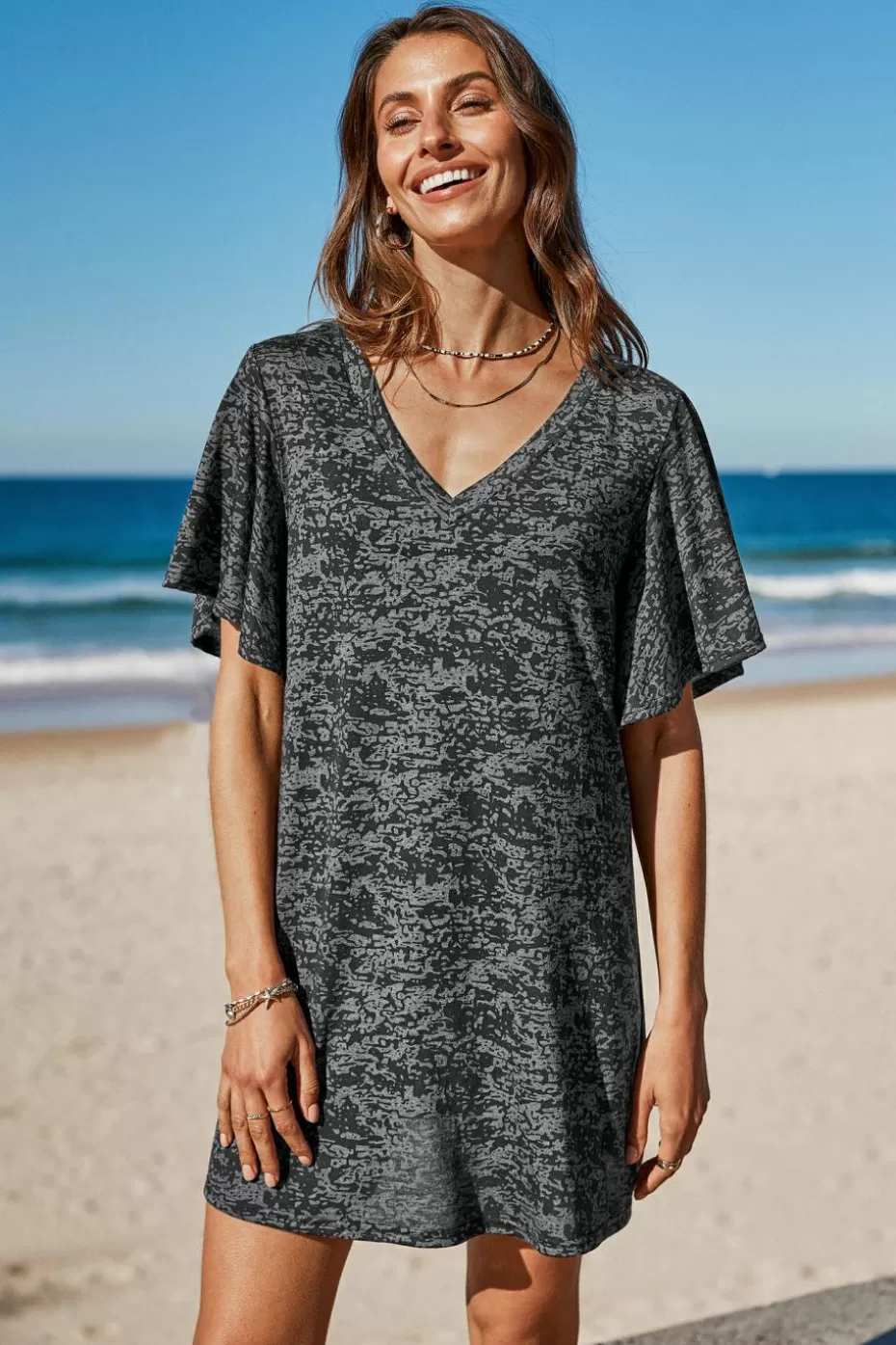 Outlet Cupshe Abstract Print T-Shirt Cover-Up Dress Dark Grey/Charcoal/Gunmetal