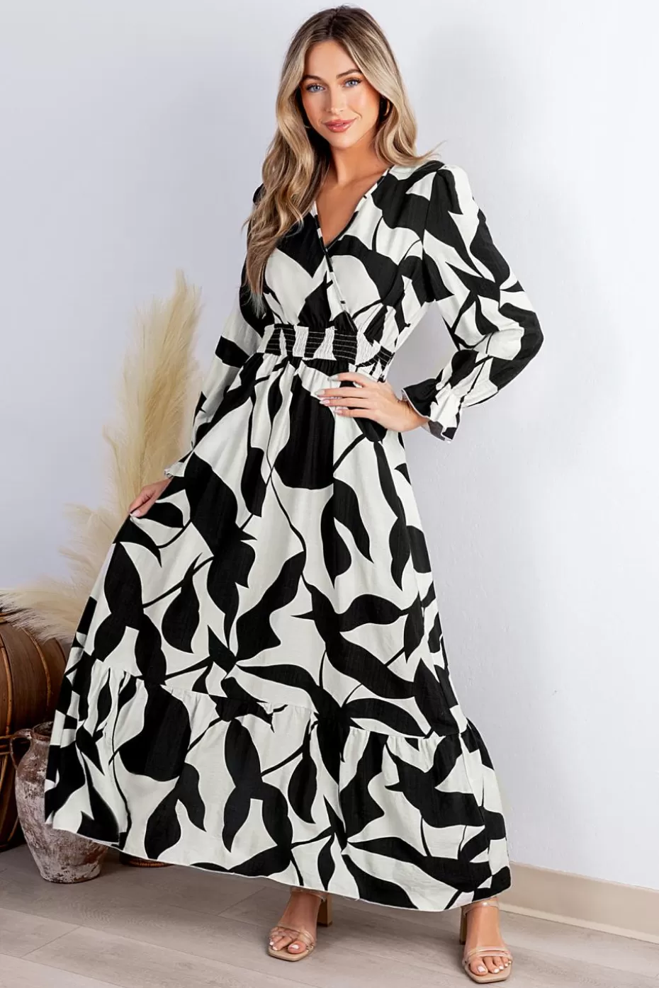 Cheap Cupshe Abstract V-Neck Poet Sleeve Maxi Dress Black