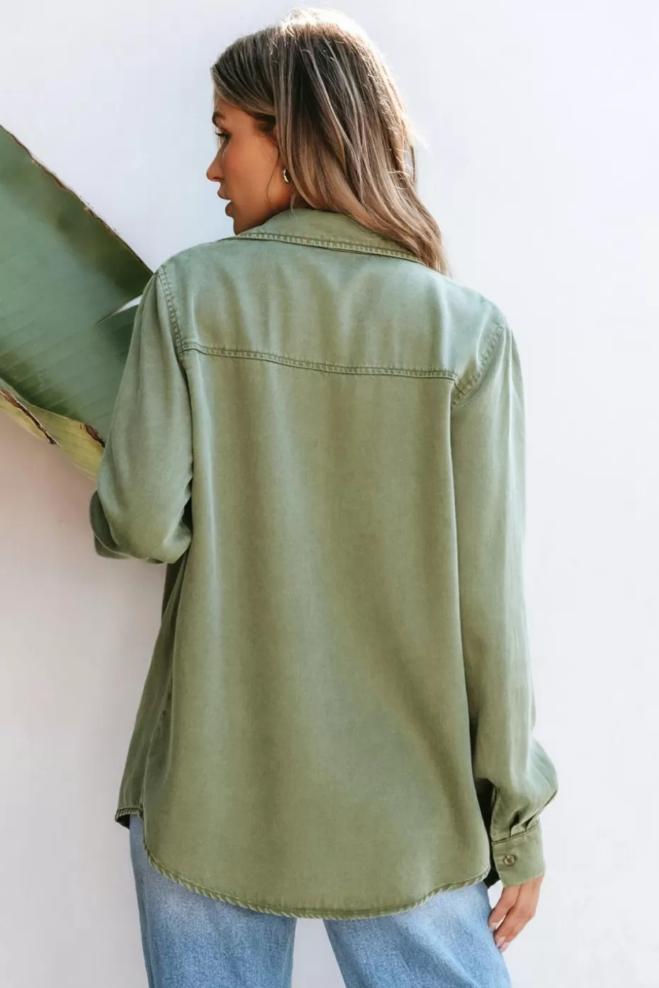 Flash Sale Cupshe Army Green Collared Front Button Long Sleeve Shirt Sage