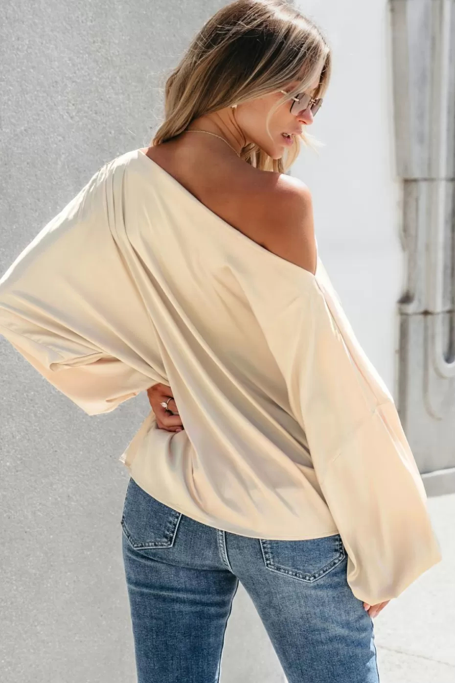 Fashion Cupshe Asymmetrical Long Puff Sleeve Top Beige