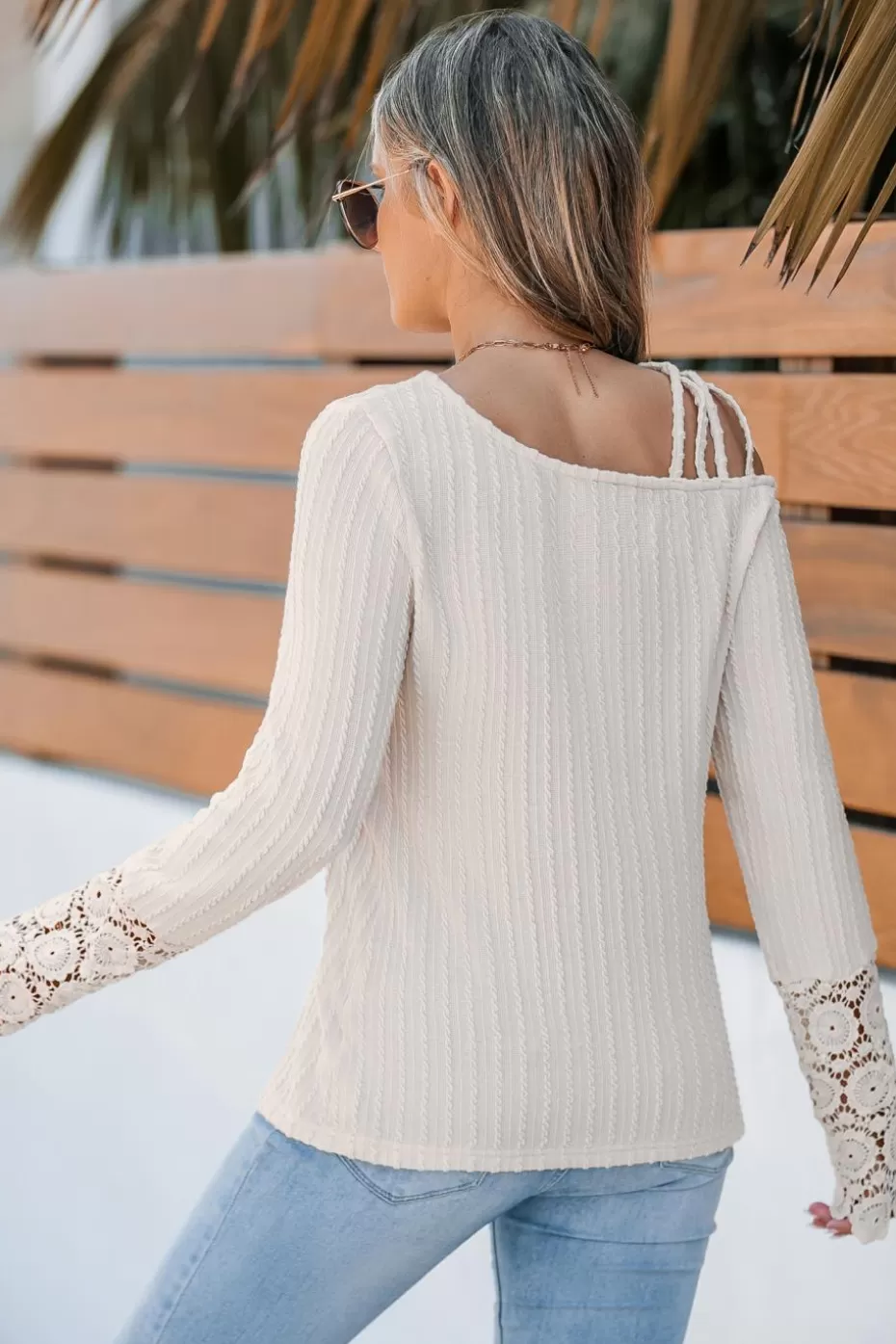 Sale Cupshe Asymmetrical Neck Long Sleeve Lace Cuff Top Beige