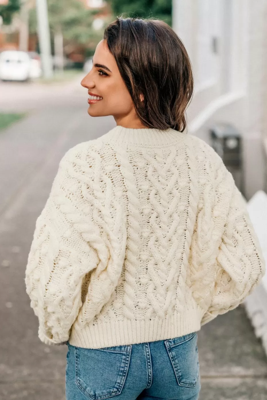 New Cupshe Cable Knit Drop Shoulder Sweater Beige