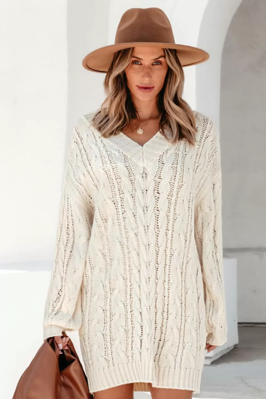 Best Cupshe Cable Knit V-Neck Long Sleeve Mini Sweater Dress Beige