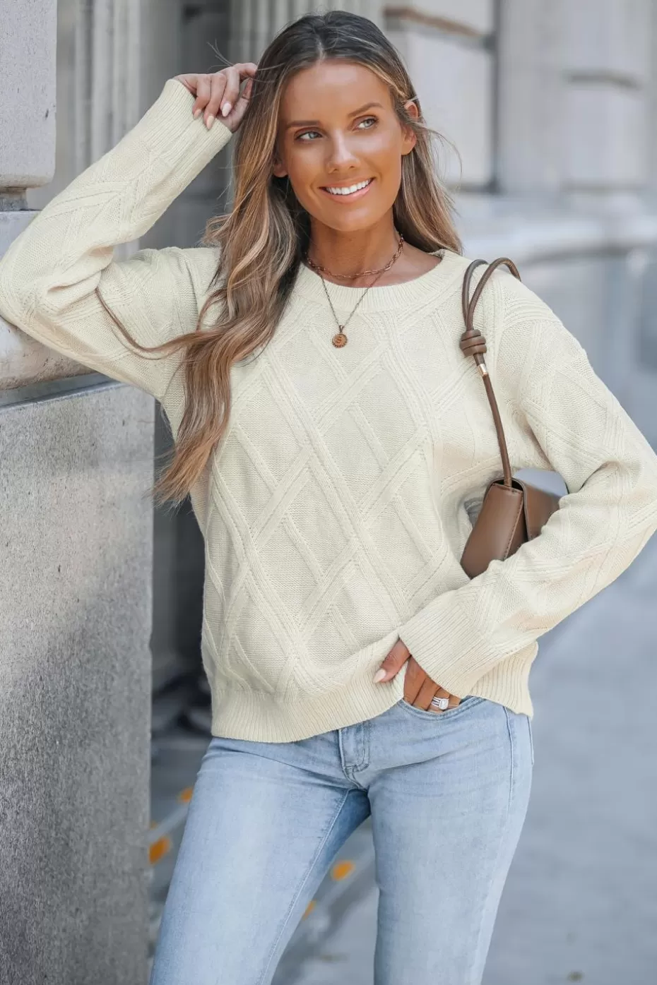 Best Cupshe Geo Round Neck Long Sleeve Sweater Beige