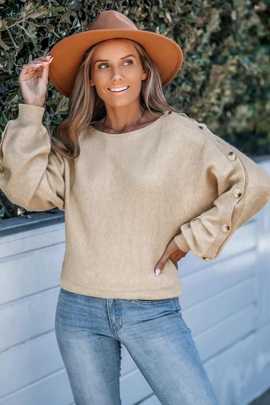 Cheap Cupshe Knit Boatneck Long Sleeve Sweater Beige