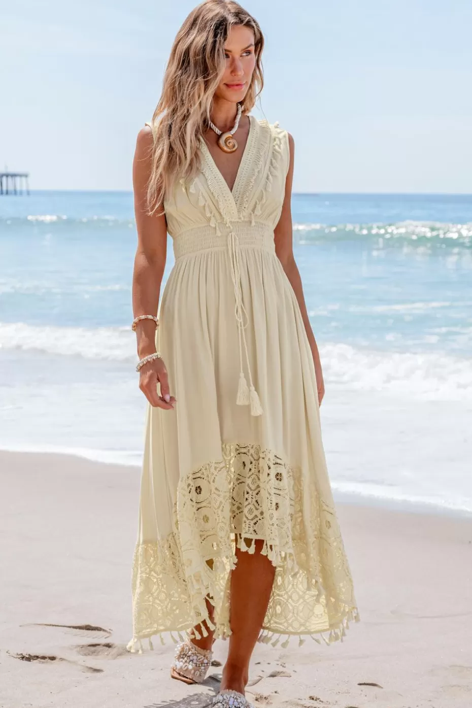 Flash Sale Cupshe Lace & Tassel Sleeveless Midi Dress Beige