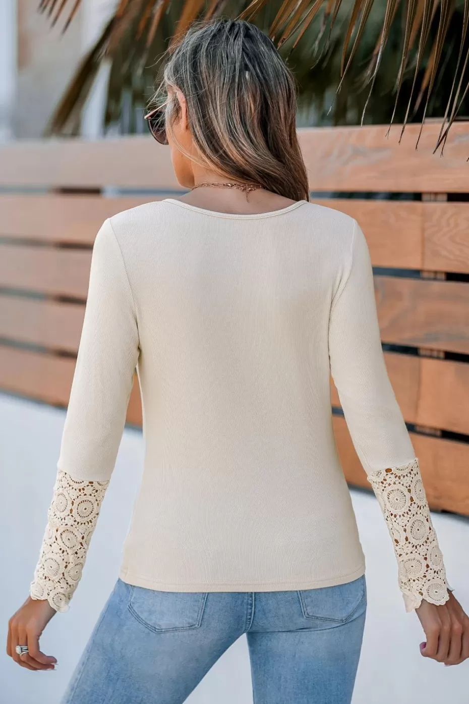 Flash Sale Cupshe Long Lace Sleeve Henley Beige