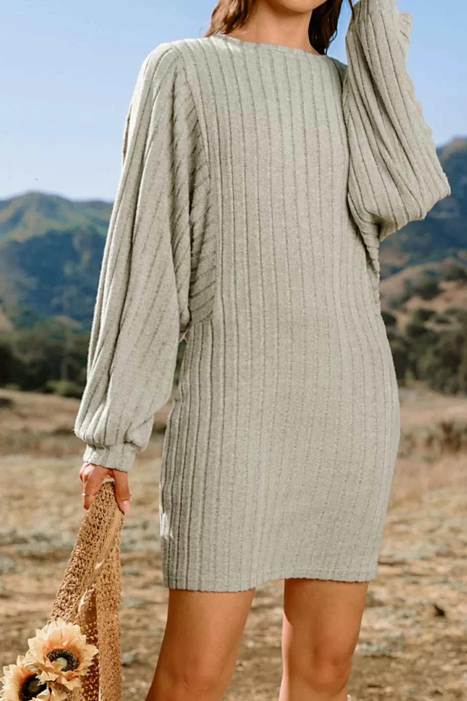 Online Cupshe Ribbed Knit Dolman Sleeve Mini Dress Beige