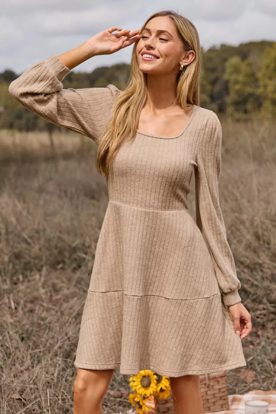 Cheap Cupshe Beige Square Neck Puff Sleeve Mini Knit Dress Camel