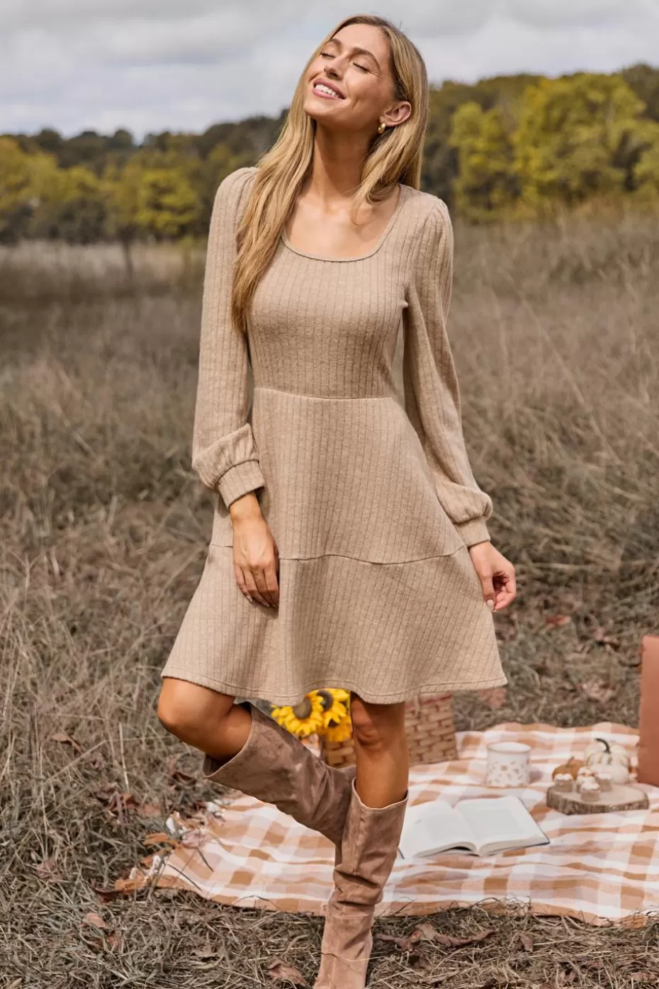 Cheap Cupshe Beige Square Neck Puff Sleeve Mini Knit Dress Camel