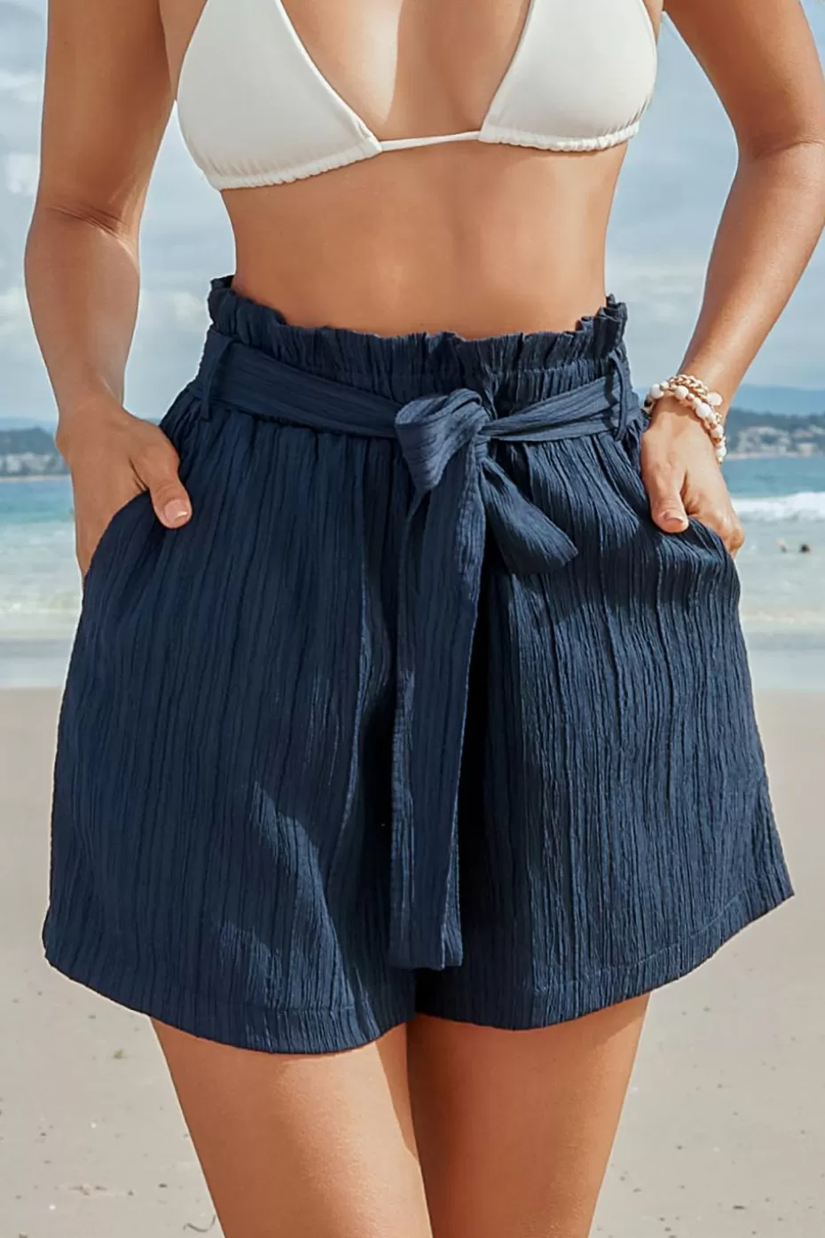 Best Sale Cupshe Belted Paperbag Waist Shorts Navy