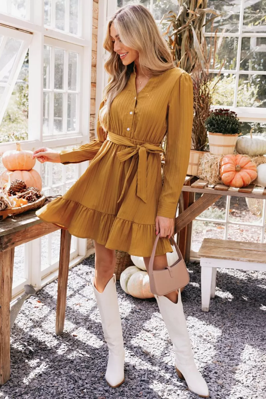 Hot Cupshe Belted Ruffled Long Sleeve Dress Burnt Orange