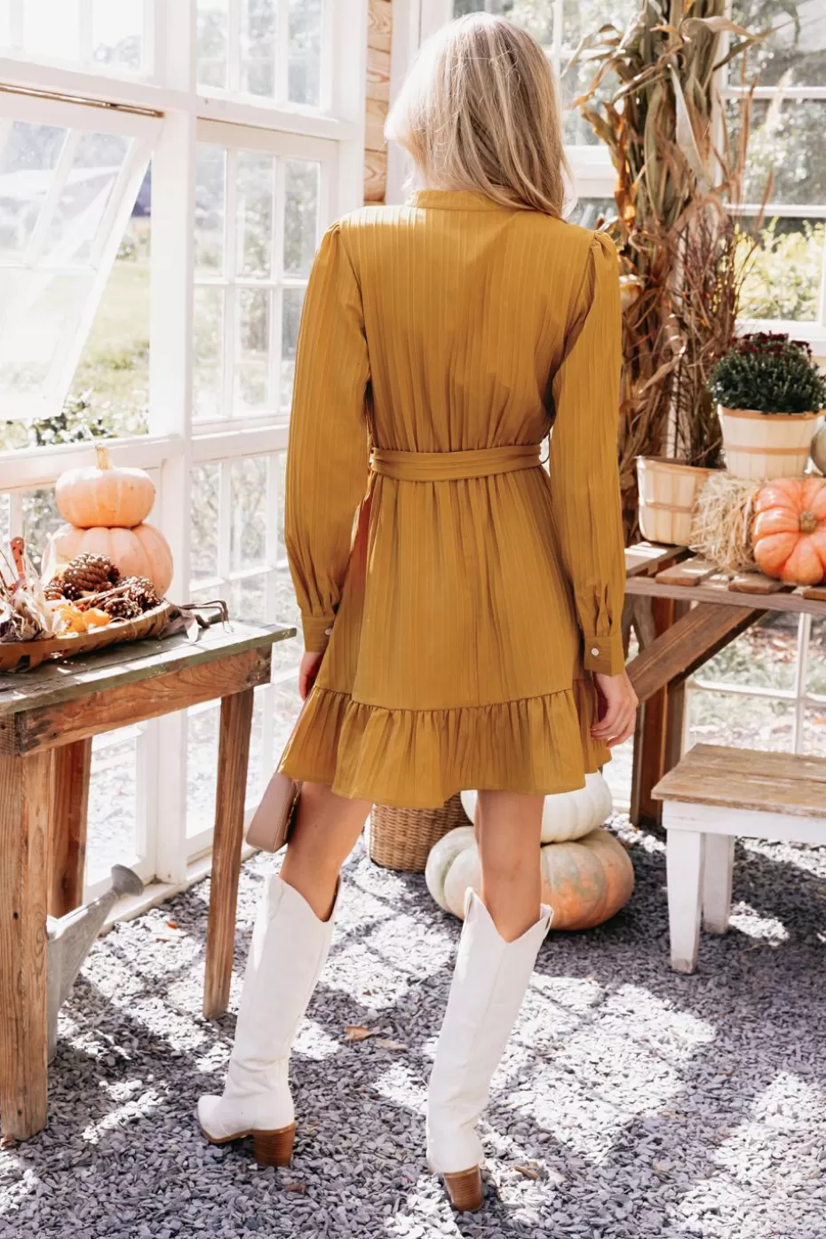 Hot Cupshe Belted Ruffled Long Sleeve Dress Burnt Orange