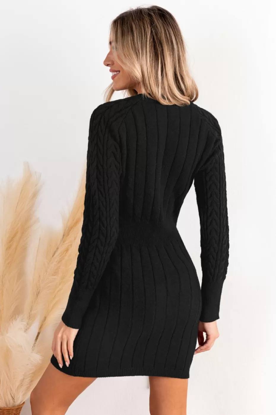 Clearance Cupshe Cable Knit Long Sleeve Mini Sweater Dress Black