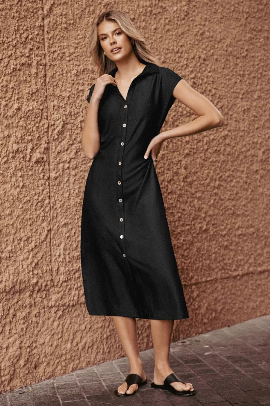 Best Cupshe Collared Front Button Midi Dress Black