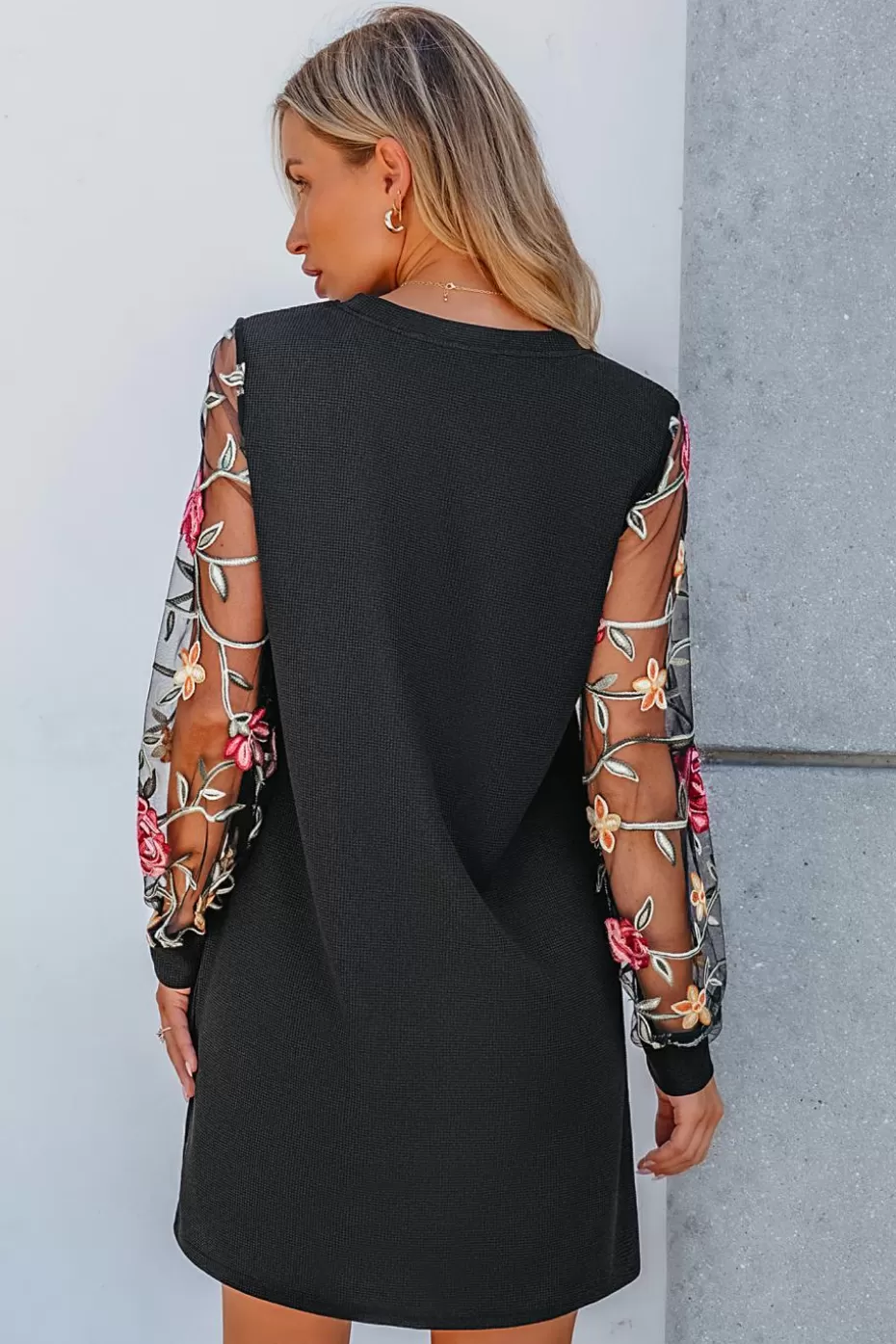 Hot Cupshe Embroidered Floral Sheer Sleeve Mini Dress Black