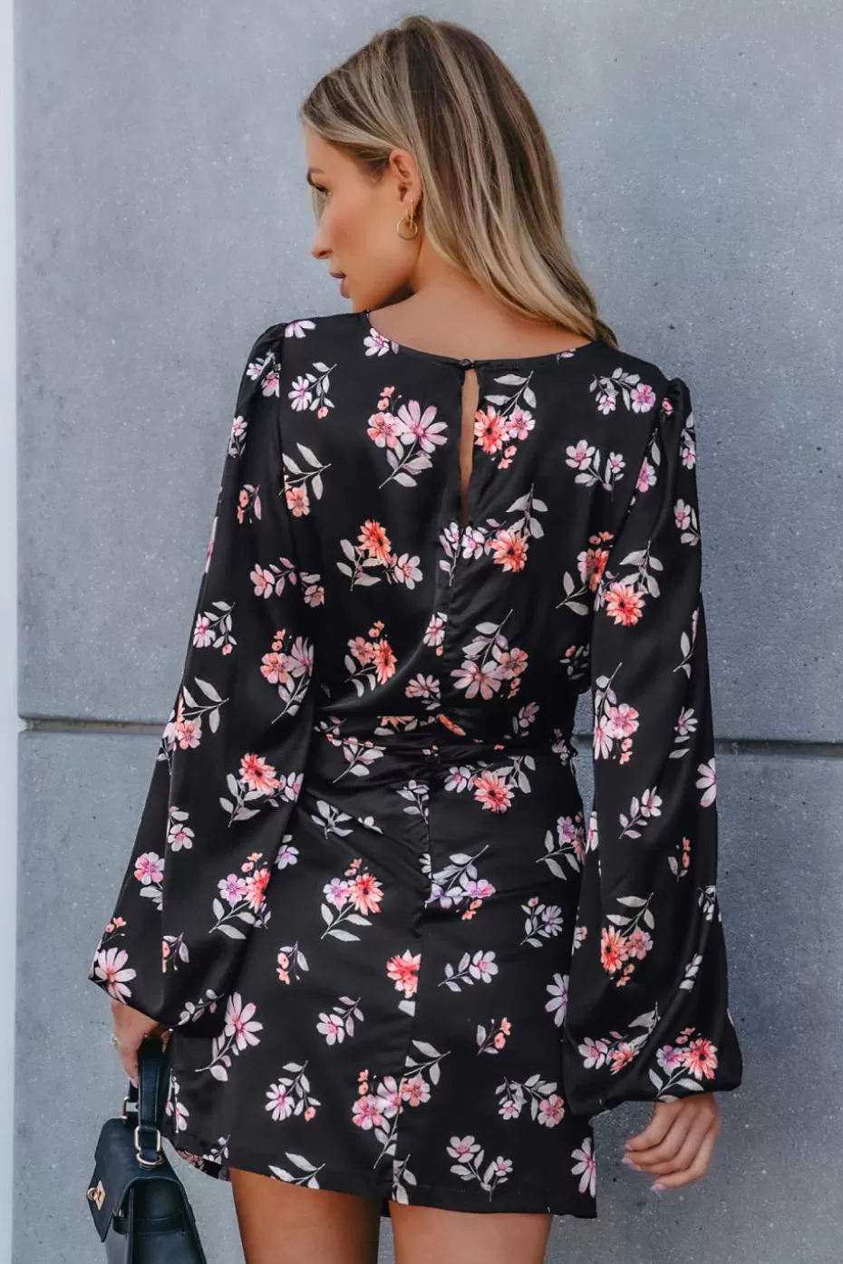 New Cupshe Floral Blouson Sleeve Wrap Skirt Mini Dress Black