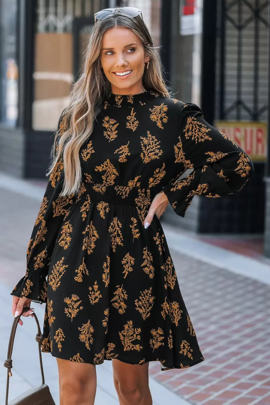 Shop Cupshe Floral Mockneck Blouson Sleeve Mini Dress Black