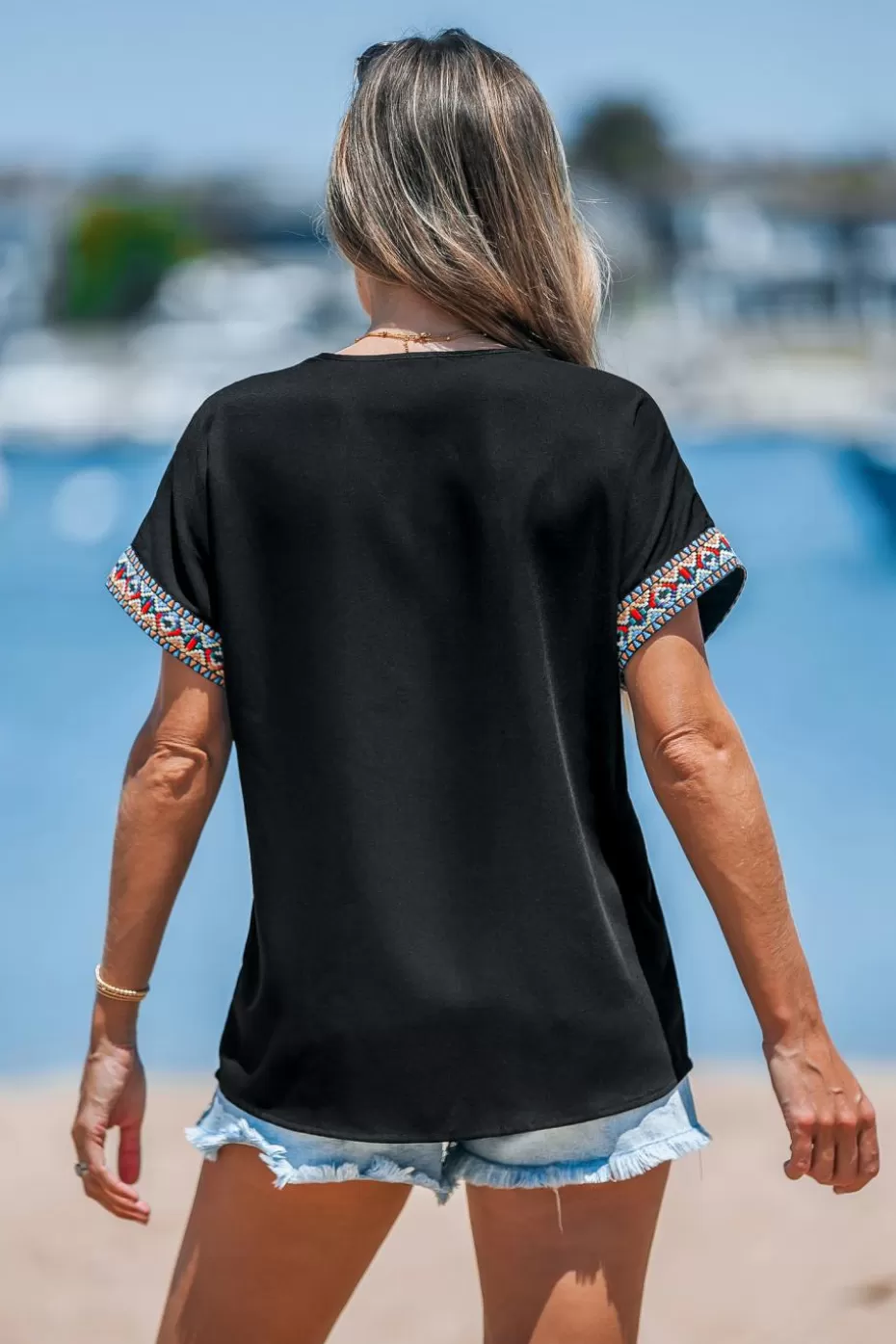 New Cupshe Jersey Decorative Trim V-Neck Top Black