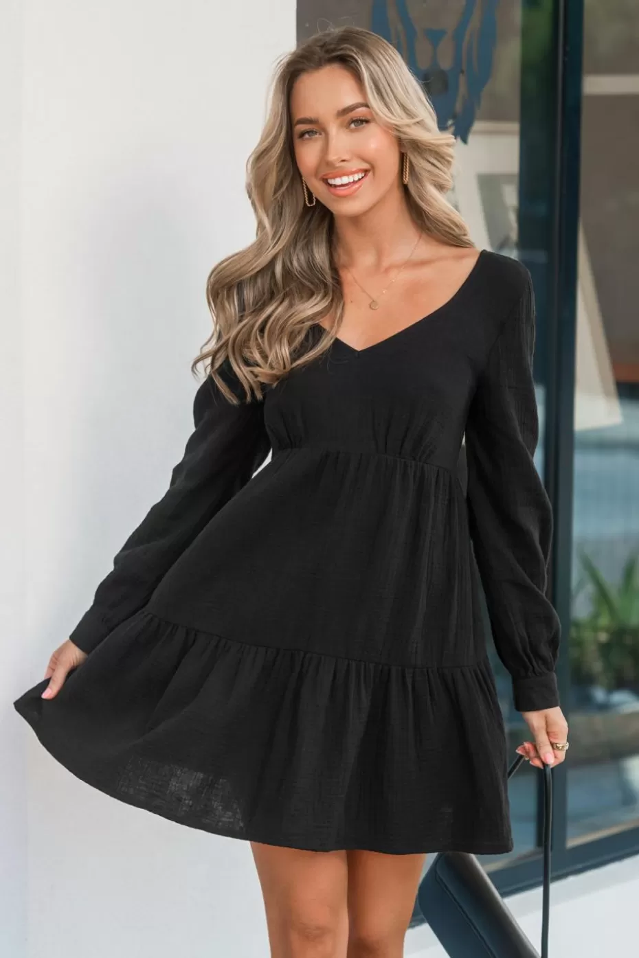 Clearance Cupshe Linen Long Sleeve V-Neck Mini Dress Black