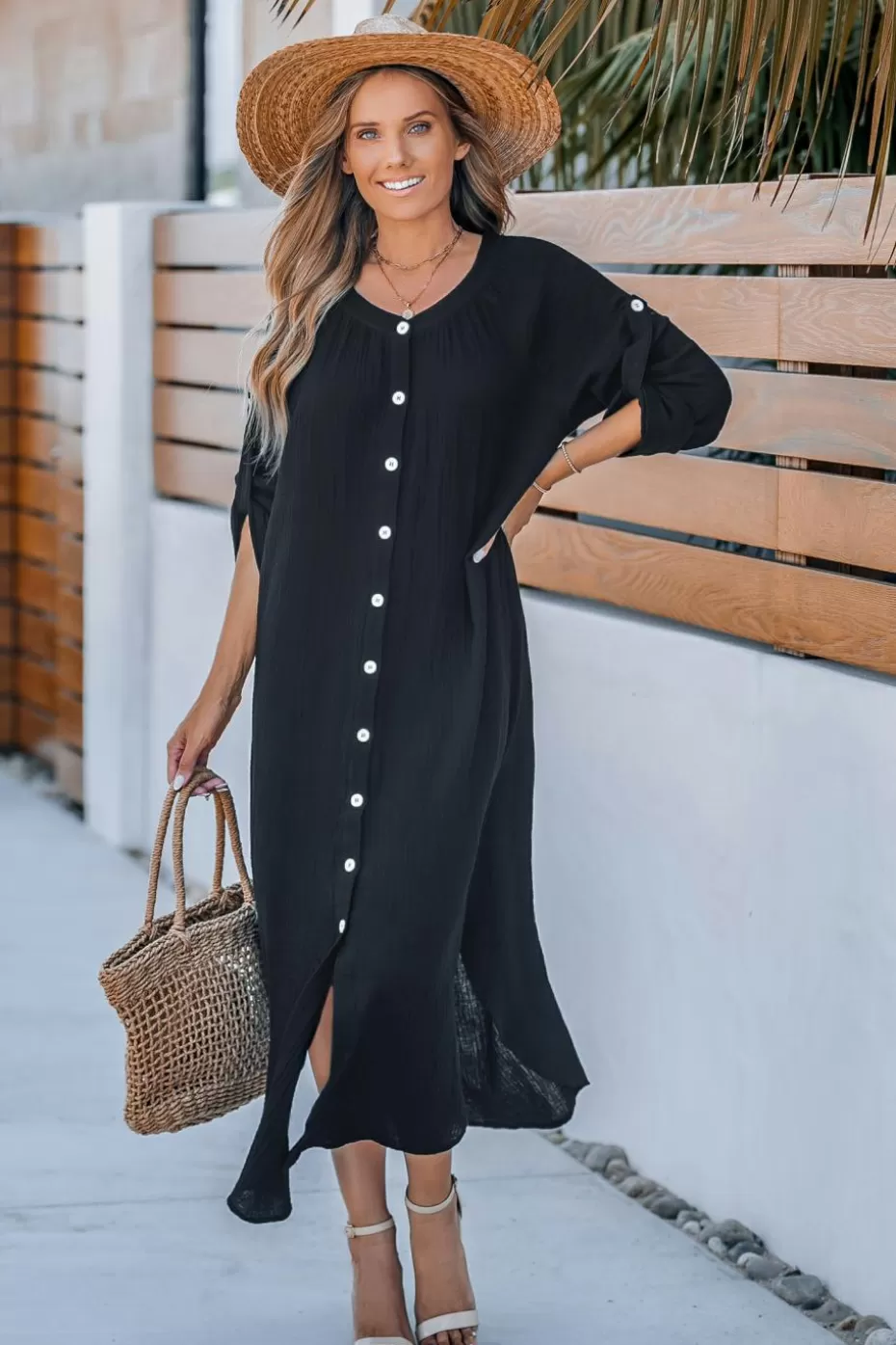 Best Sale Cupshe Round Neck Curved Hem Loose Fit Midi Dress Black