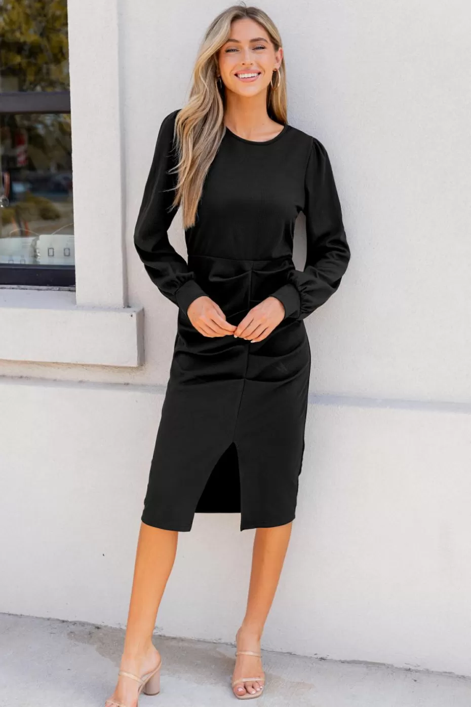 Hot Cupshe Round Neck Long Sleeve Split Hem Midi Dress Black