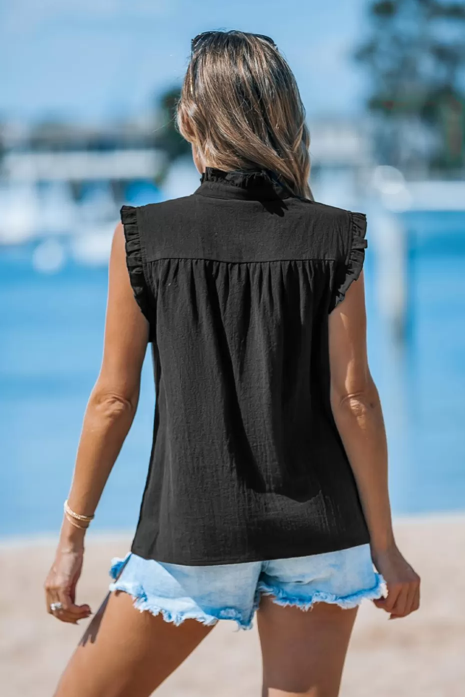 Best Sale Cupshe Ruffled Standing Collar Linen Tank Black