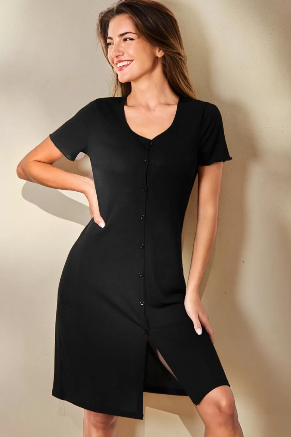 Best Cupshe Short Sleeve Front Button Lounge Dress Black