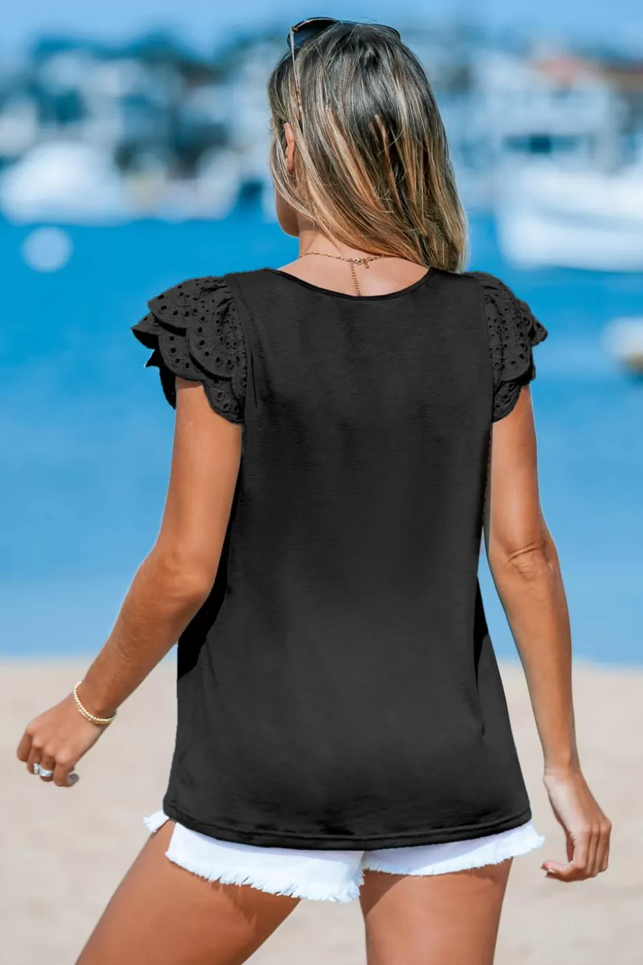 New Cupshe Square Neck Tiered Flutter Sleeve Top Black