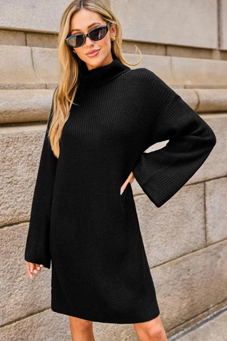 Discount Cupshe Turtleneck Long Sleeve Mini Sweater Dress Black