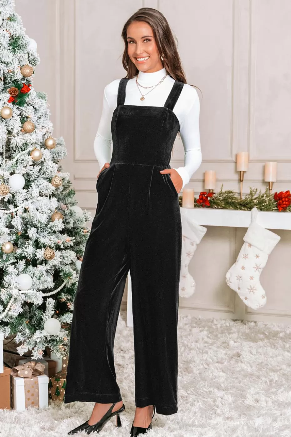 Sale Cupshe Velvet Square Neck Wide Leg Jumpsuit Black