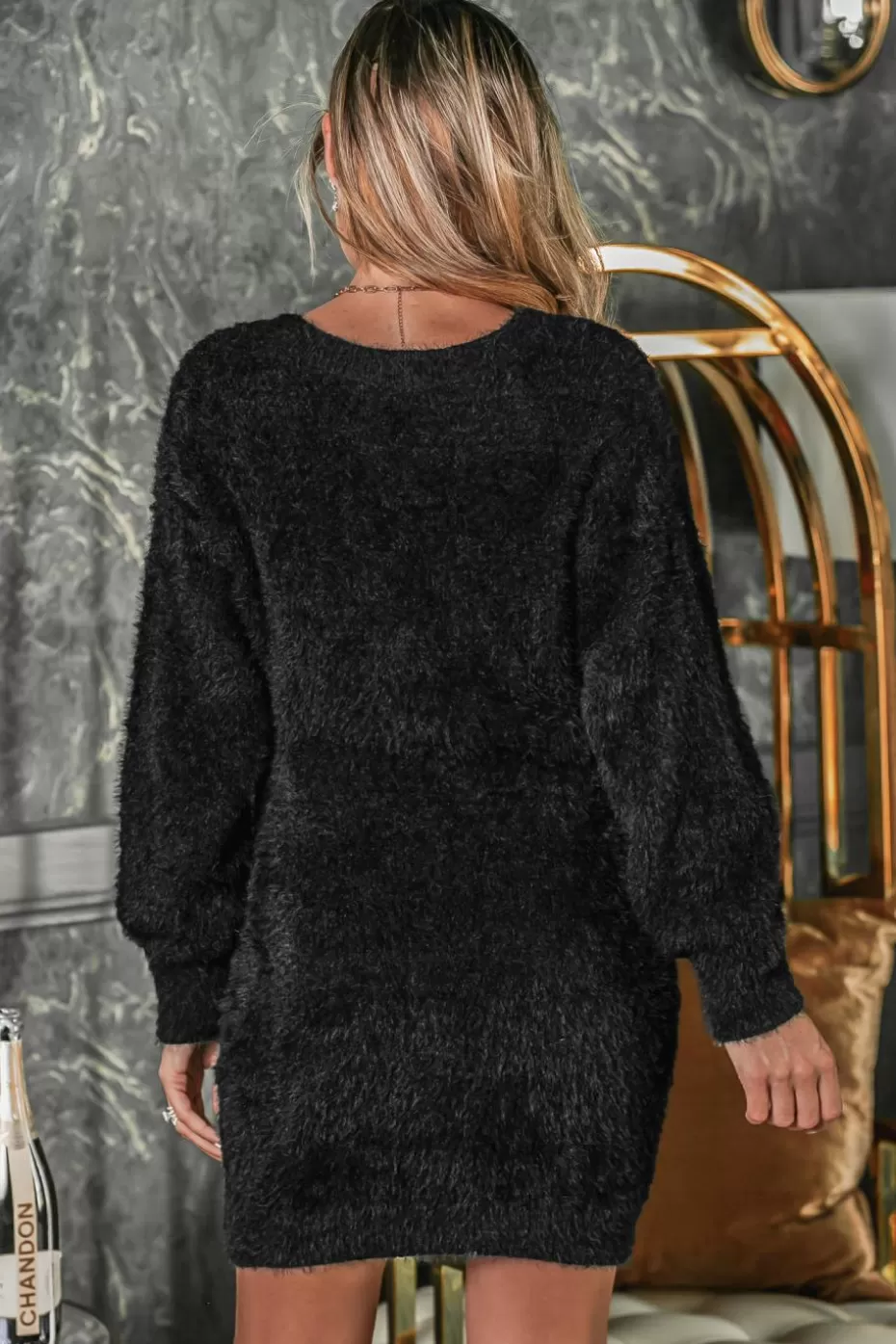 Best Cupshe V-Neck Long Sleeve Sweater Dress Black