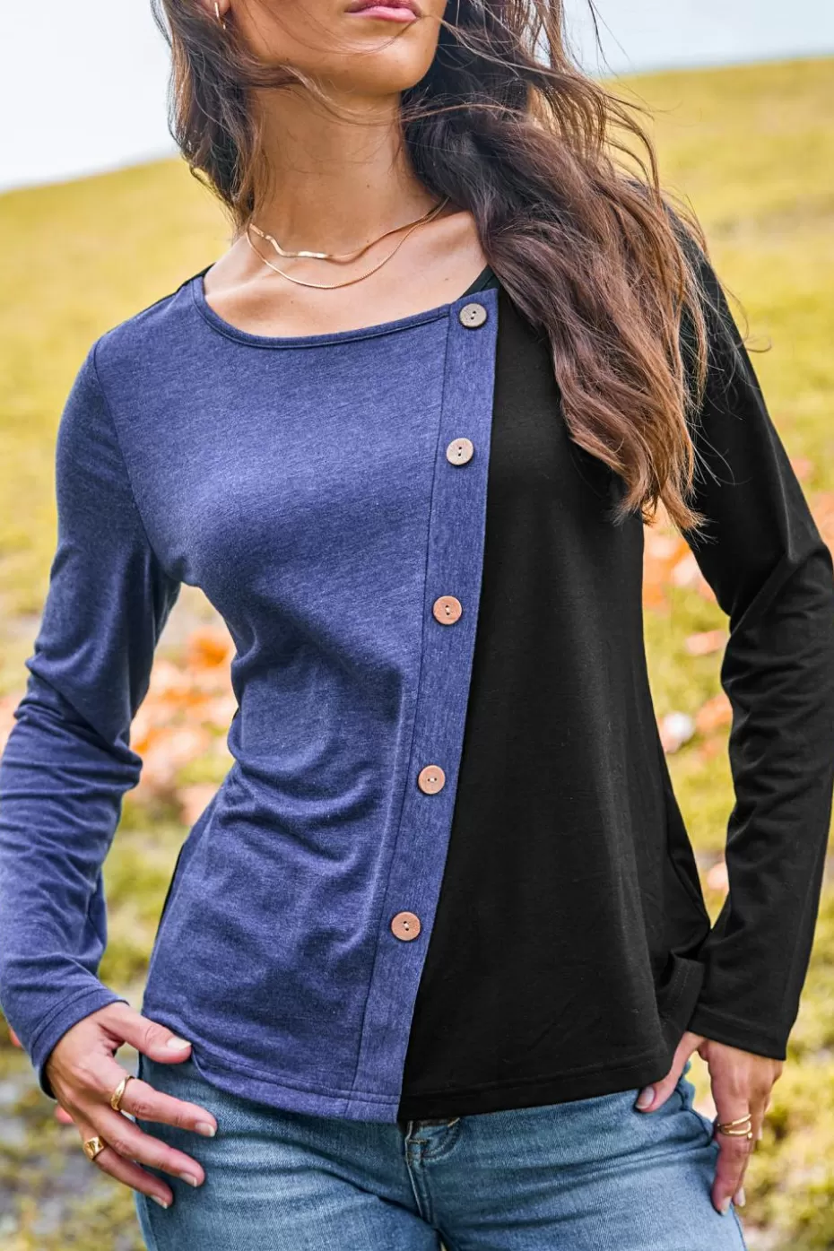 Best Cupshe & Black Asymmetrical Long Sleeve Tee Blue