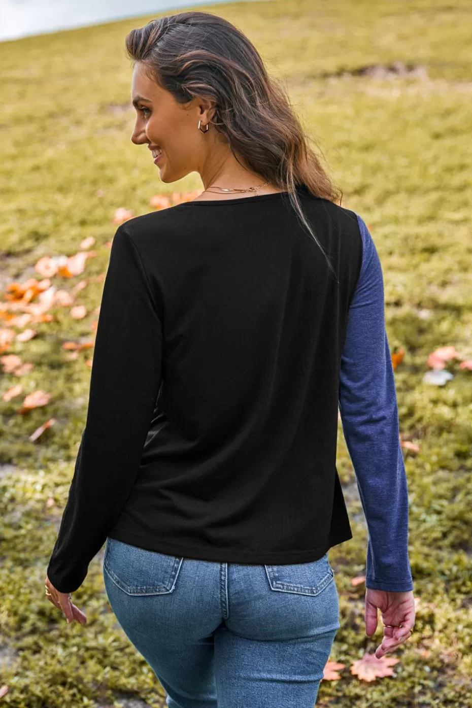 Best Cupshe & Black Asymmetrical Long Sleeve Tee Blue