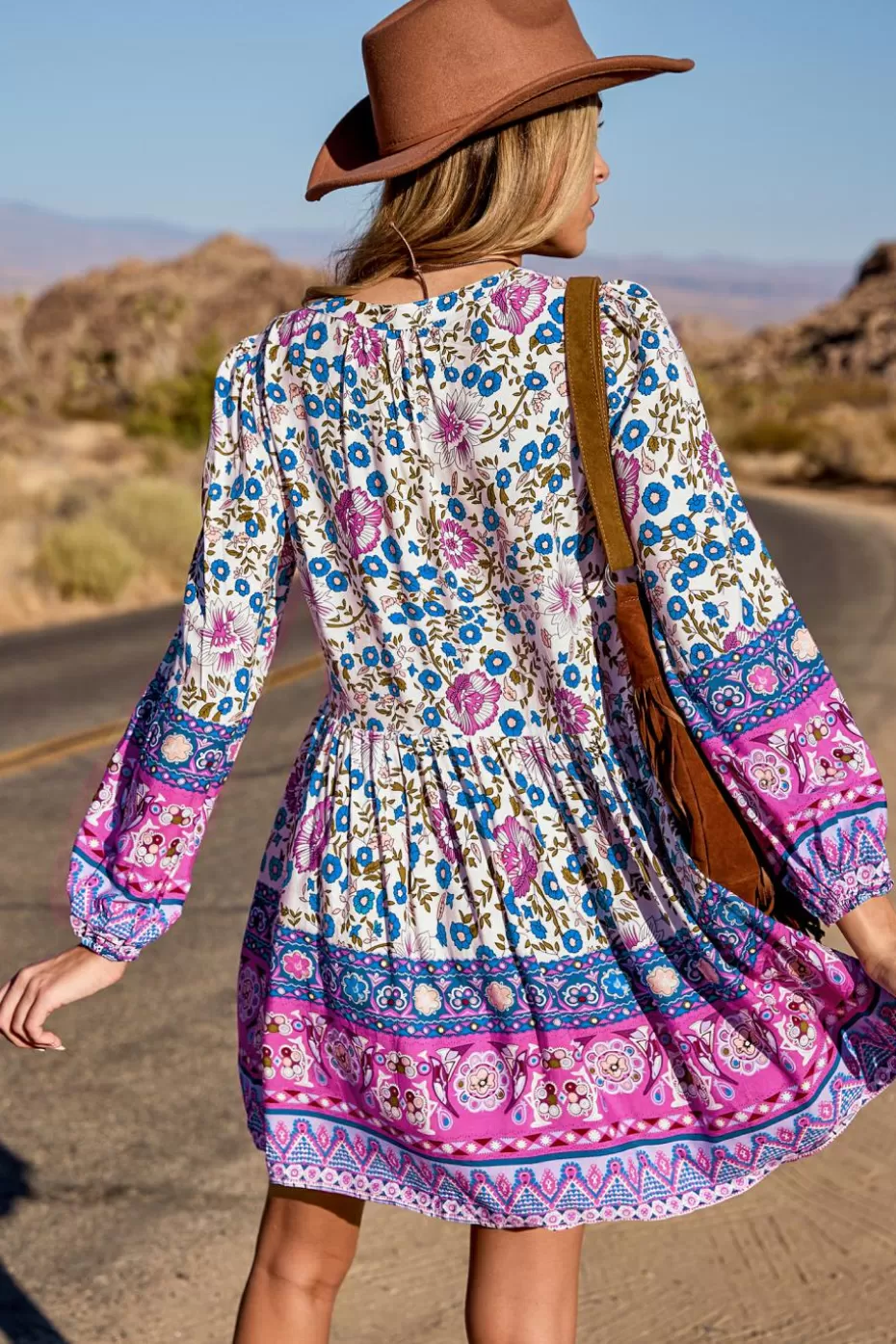 Discount Cupshe & Pink Floral Plunging Puff Sleeve Mini Dress Blue