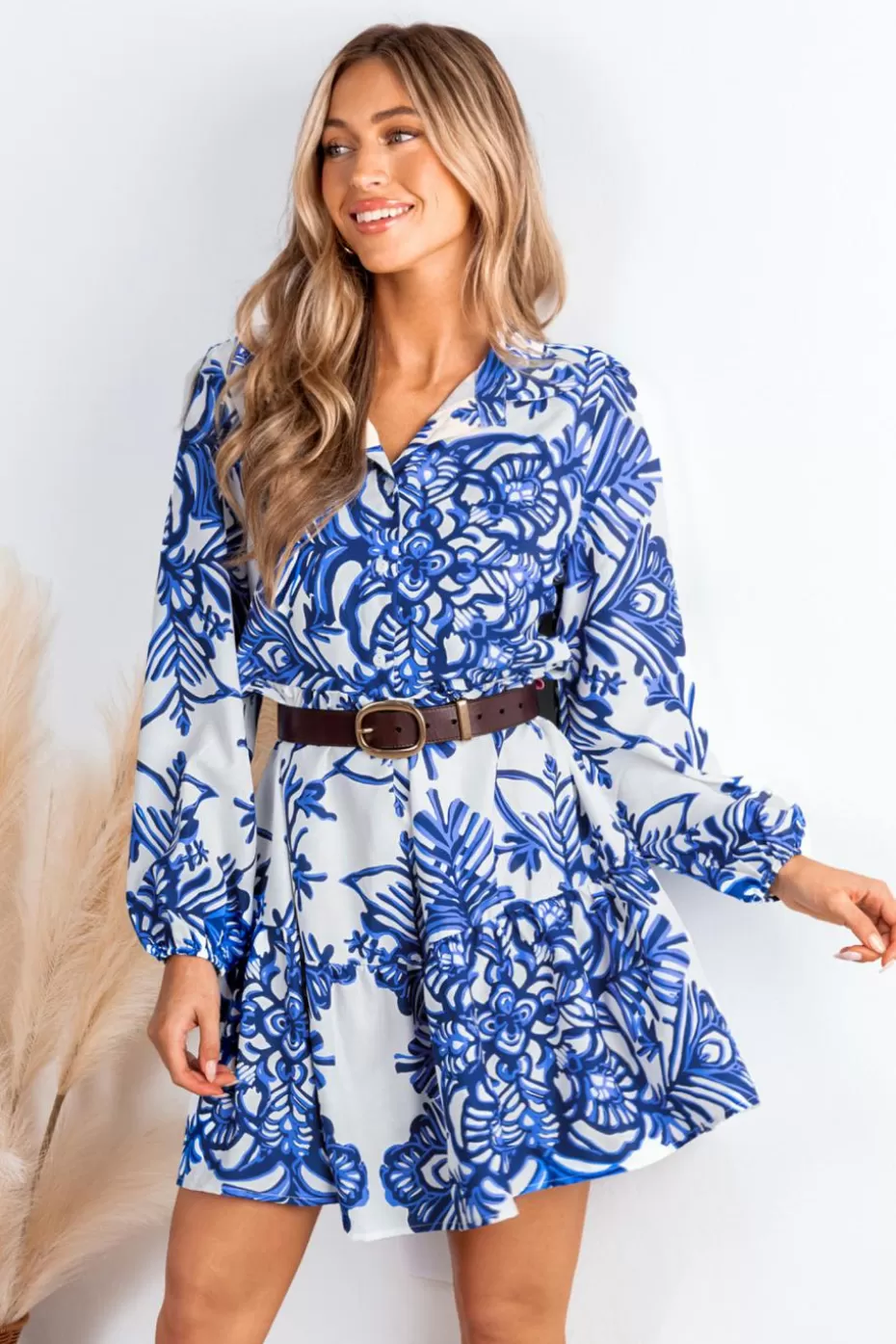 Sale Cupshe & White Abstract Collared Blouson Sleeve Mini Dress Blue