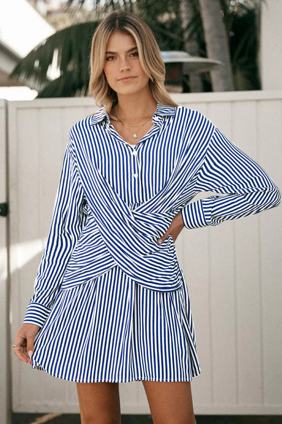 Hot Cupshe & White Stripe Collared Front Button Wrap Mini Dress Blue