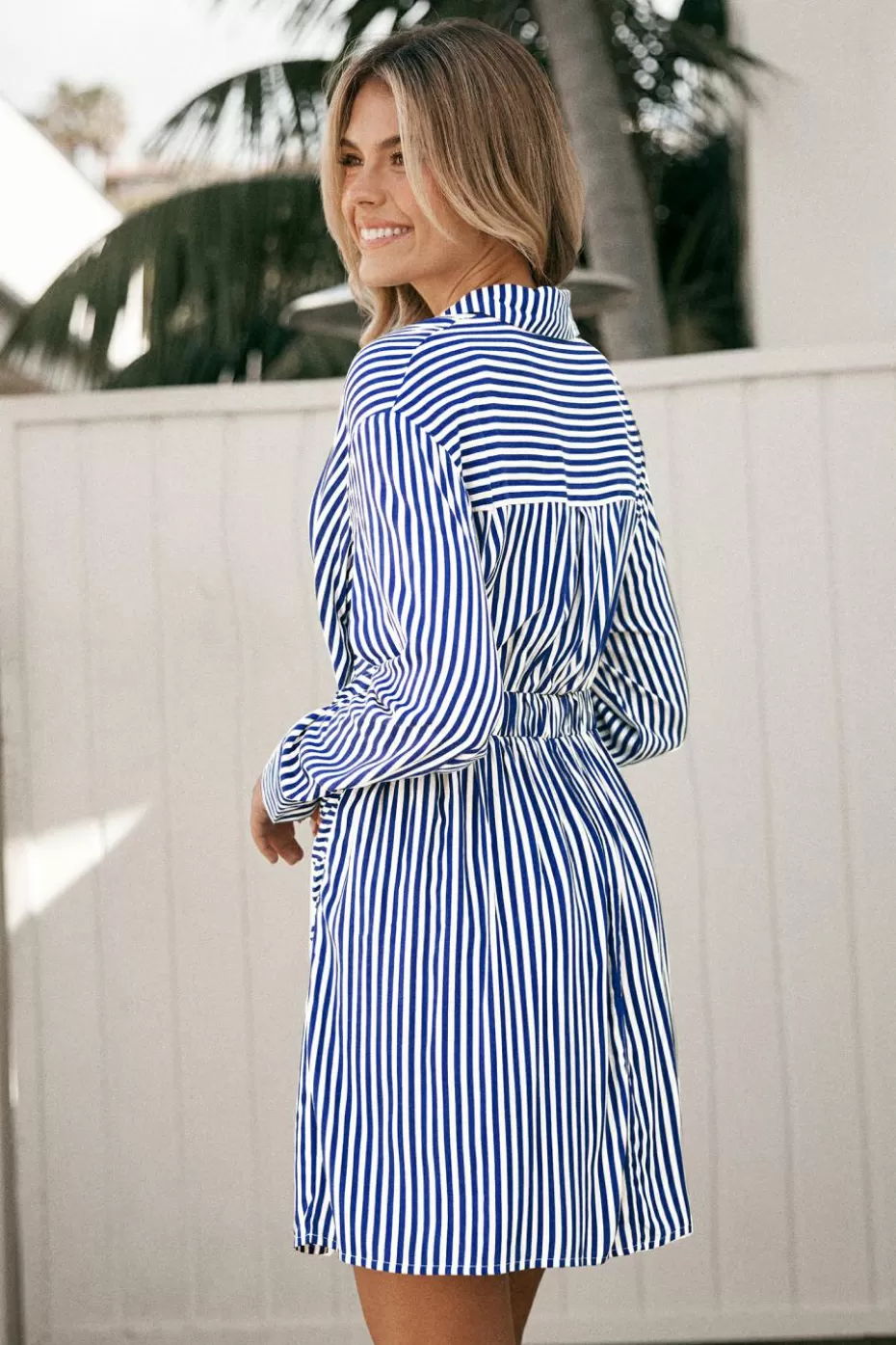 Hot Cupshe & White Stripe Collared Front Button Wrap Mini Dress Blue