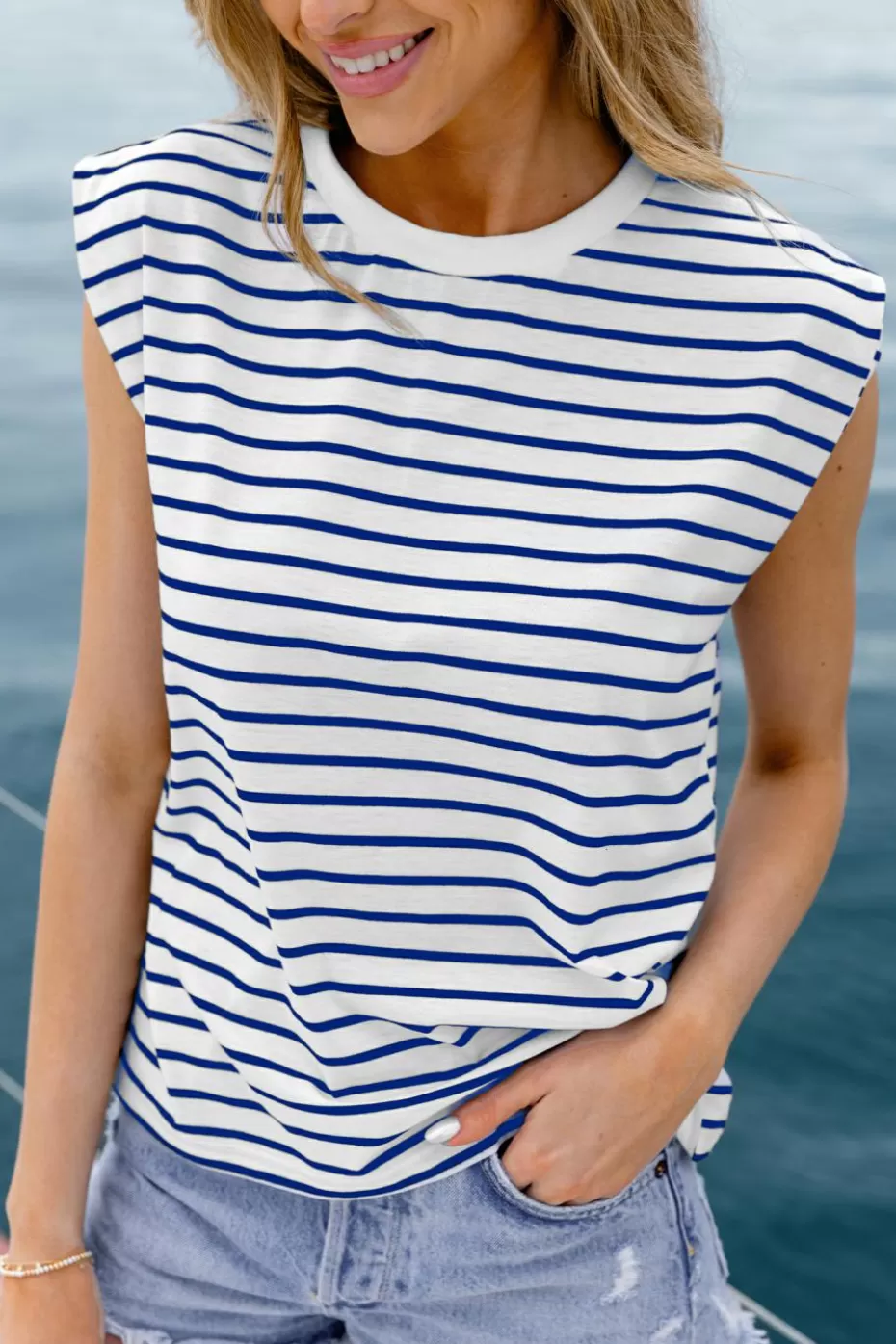 Discount Cupshe Blue & White Striped Cap Sleeve Tee Blue/White