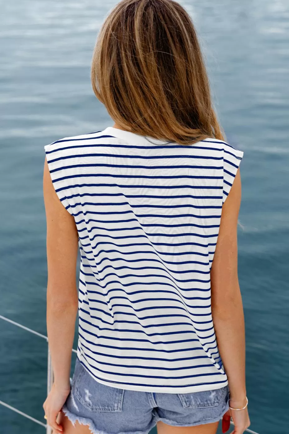 Discount Cupshe Blue & White Striped Cap Sleeve Tee Blue/White
