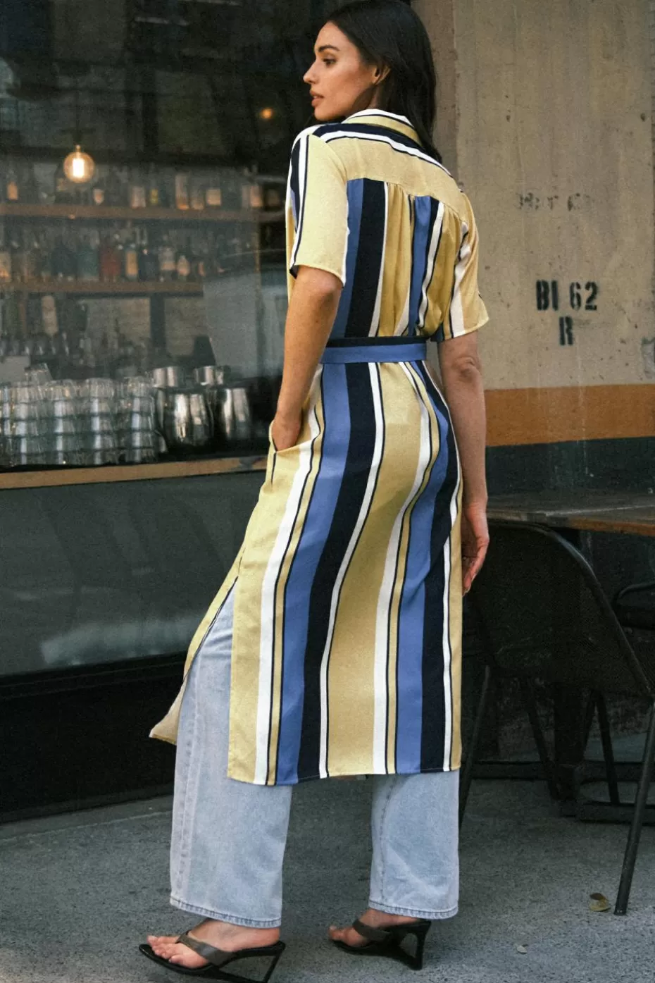 Store Cupshe Blue & Yellow Stripe Collared Front Button Midi T-Shirt Dress Light Yellow