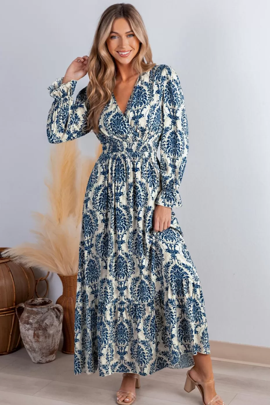 Online Cupshe Damask Blouson Sleeve Ruffle Cuff Maxi Dress Blue