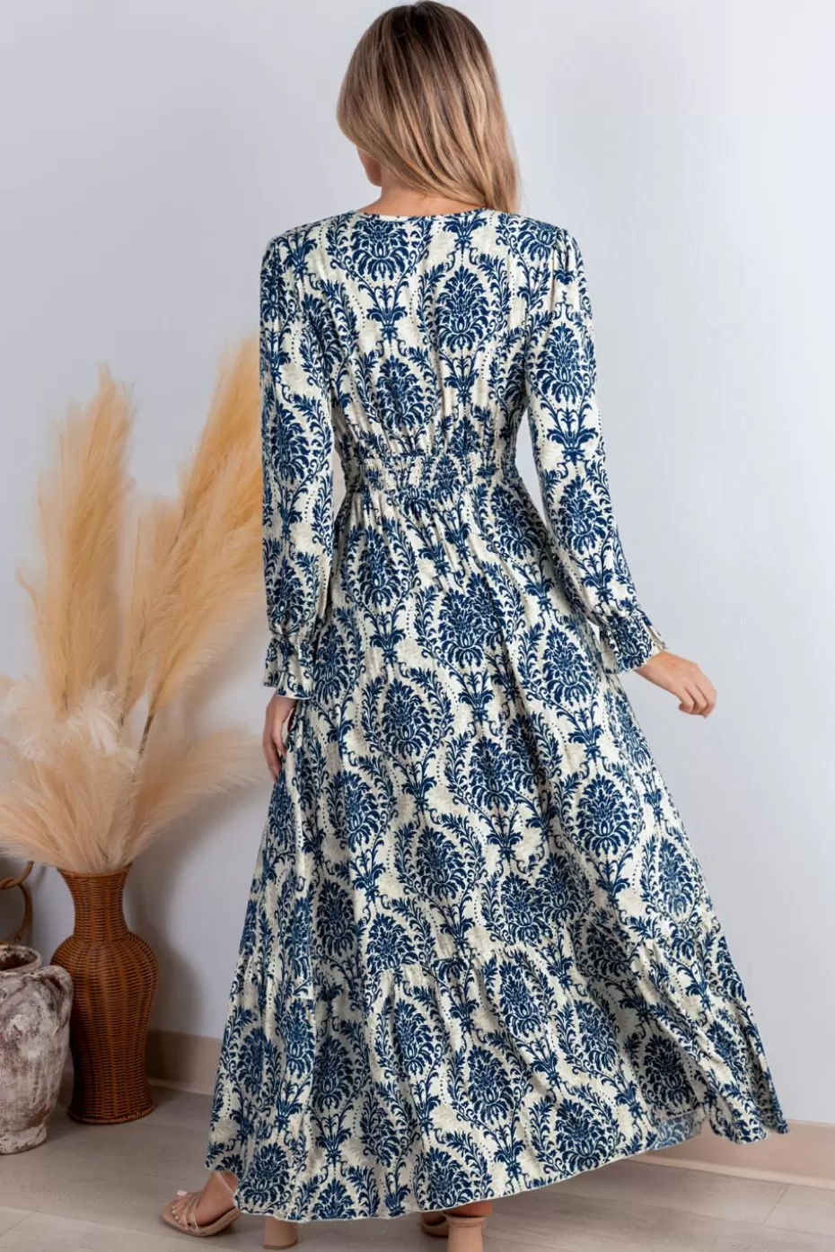 Online Cupshe Damask Blouson Sleeve Ruffle Cuff Maxi Dress Blue