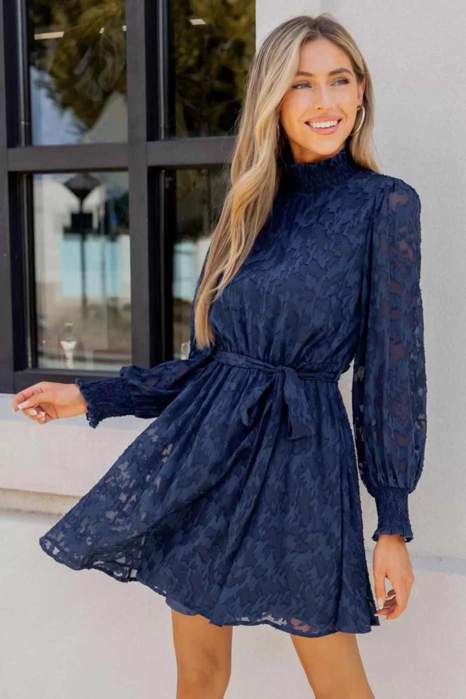 Store Cupshe Blue Floral Long Sleeve Mockneck Mini Dress Navy