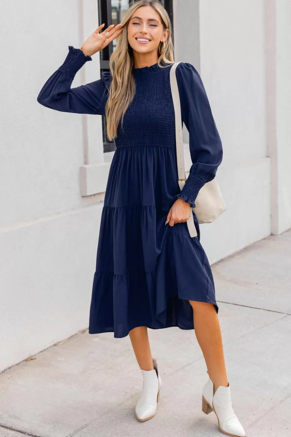 Hot Cupshe Blue High Neck Long Sleeve Smocked Midi Dress Navy