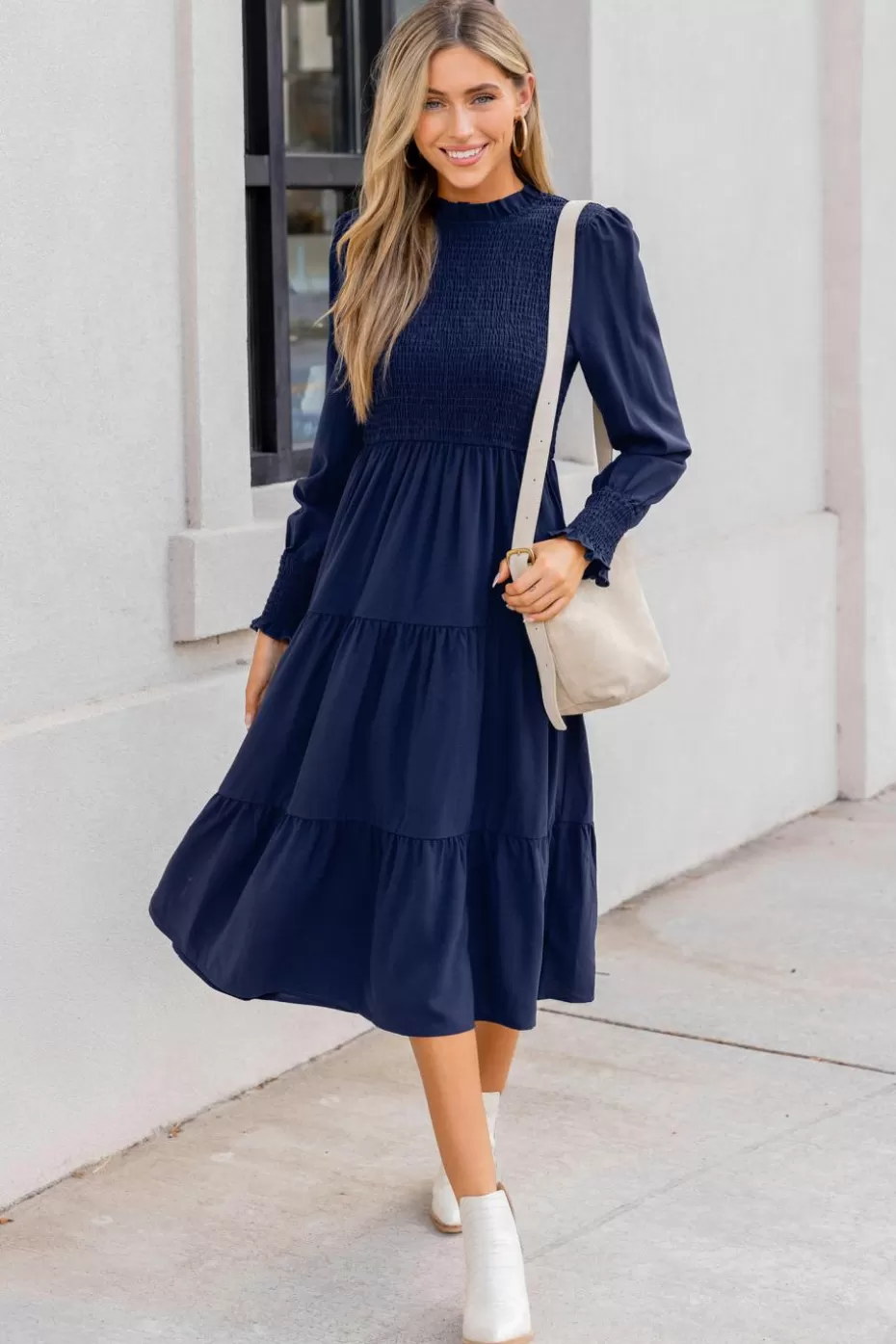 Hot Cupshe Blue High Neck Long Sleeve Smocked Midi Dress Navy