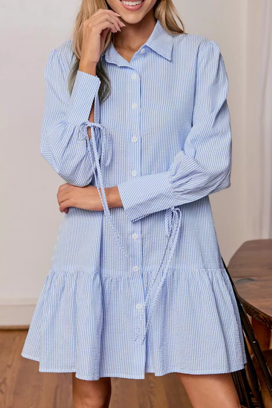 Best Cupshe Blue Pin Stripe Collared Button-Up Flounce Hem Mini Dress Light Blue