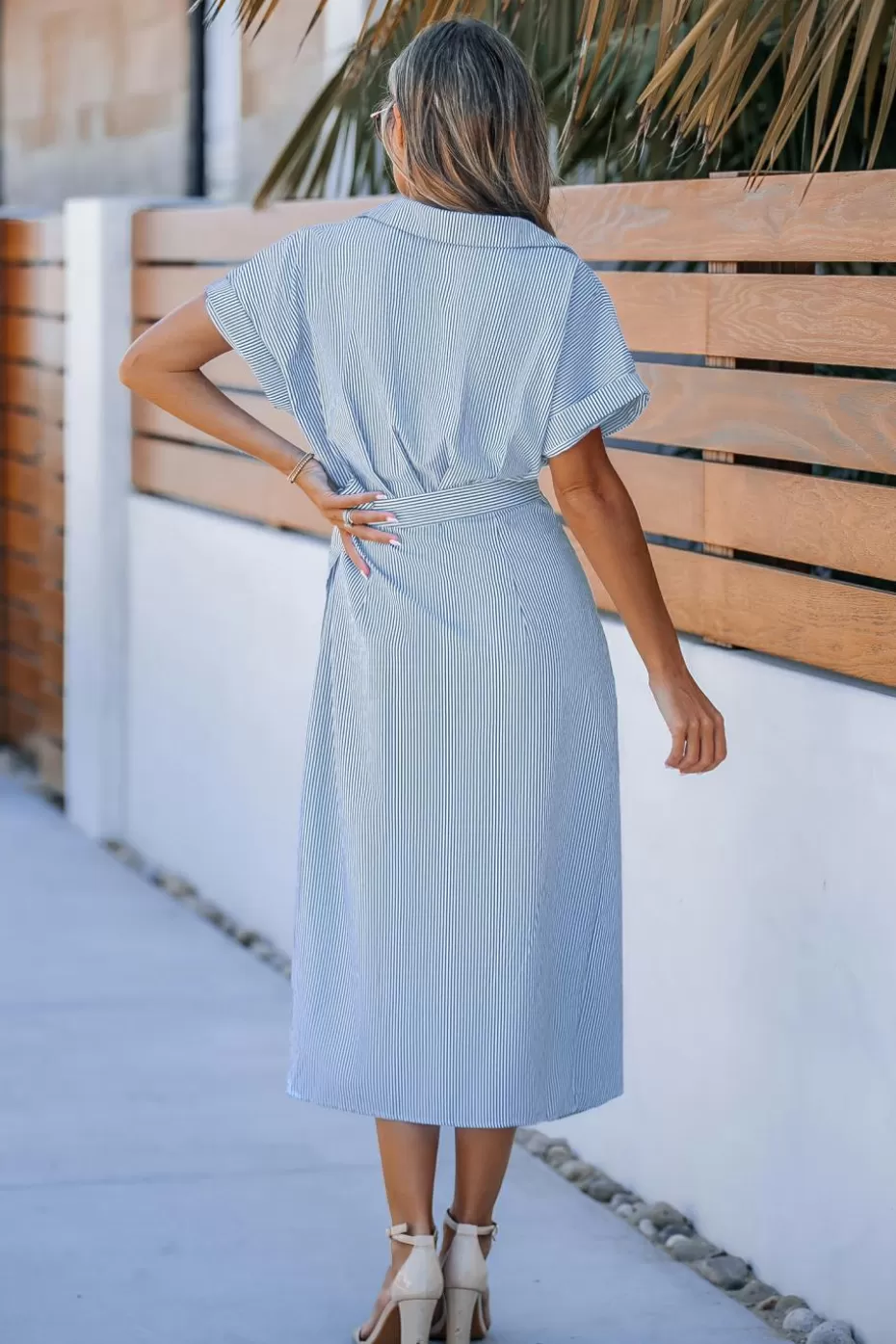 Store Cupshe Pin Stripe Collared Wrap Midi Dress Blue