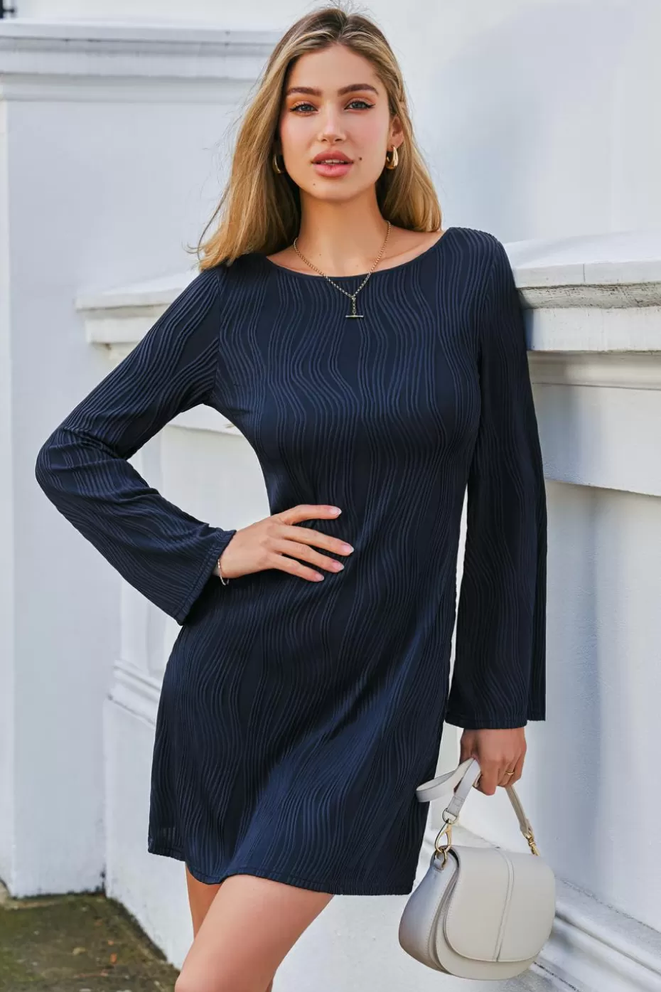 Hot Cupshe Blue Round Neck Flared Sleeve Mini Dress Navy