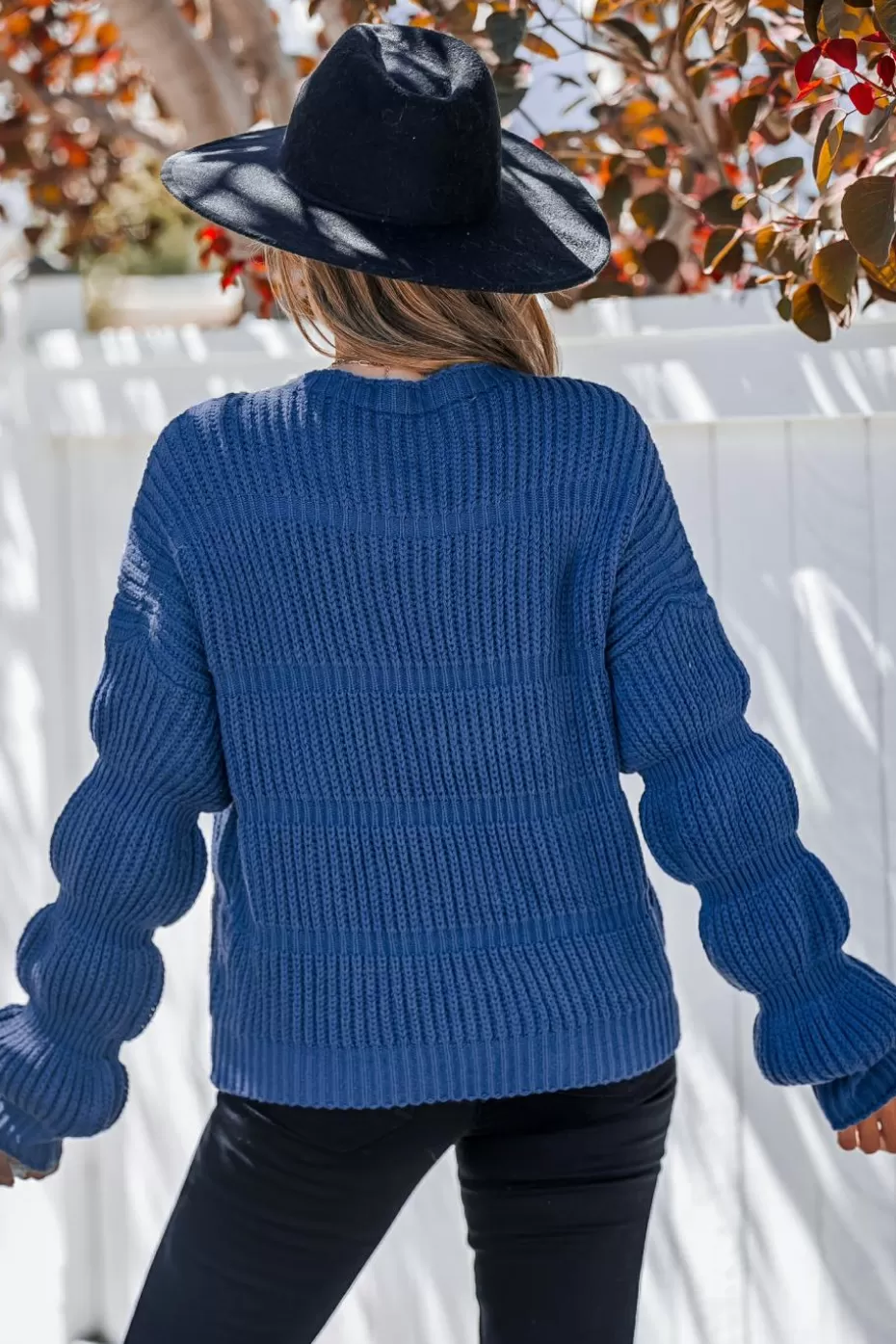 Discount Cupshe Blue Round Neck Ornamental Puff Sleeve Sweater Royal